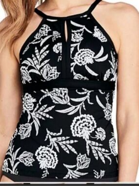 Lands' End Black & White Floral Halter One-Piece Swimsuit Sz 12